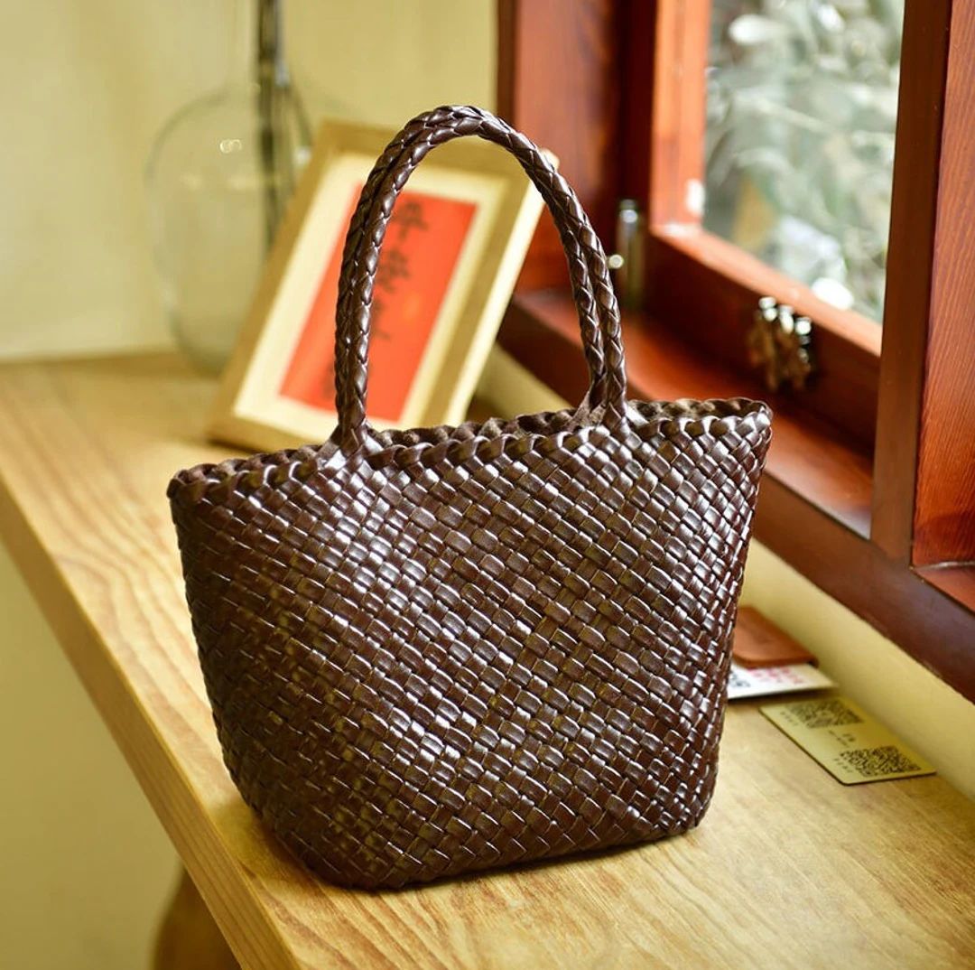 French Style Retro Cowhide Woven Leather Shoulder Bag, Vegetable Basket Bag, Tote Bag, Mothers Da... | Etsy (US)