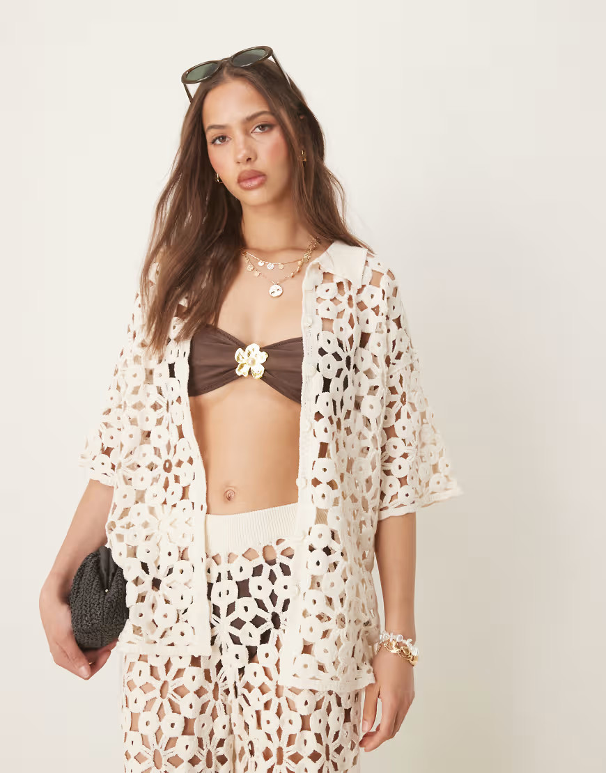 ASOS DESIGN knit crochet shirt in cream - part of a set-Neutral | ASOS (Global)