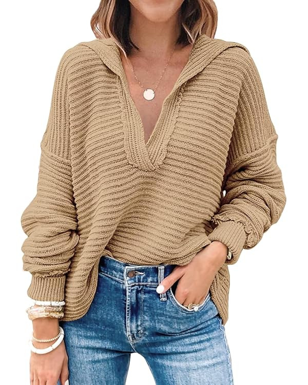 LILLUSORY Women's V Neck Oversized Sweaters Long Batwing Sleeve Collared Asymmetrical Hem Knit Pu... | Amazon (US)