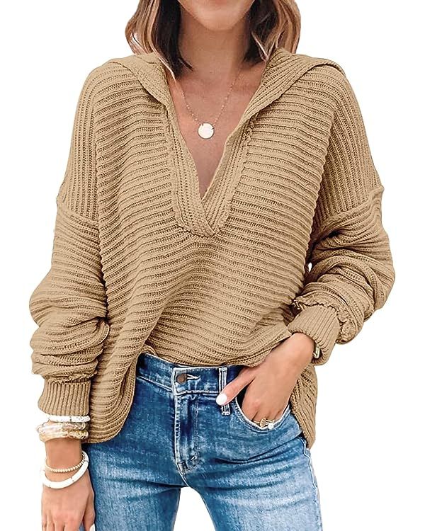 LILLUSORY Women's V Neck Oversized Sweaters Long Batwing Sleeve Collared Asymmetrical Hem Knit Pu... | Amazon (US)