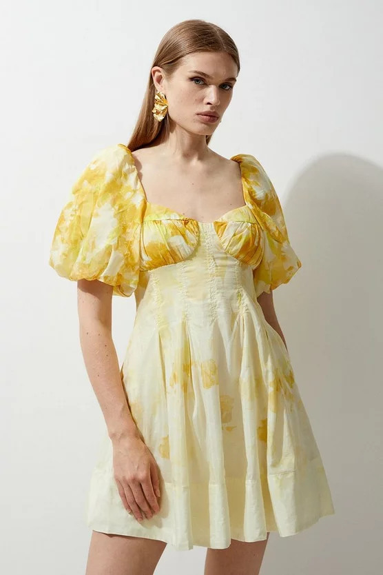 Silk Cotton Trailing Floral Mini Dress | Karen Millen US