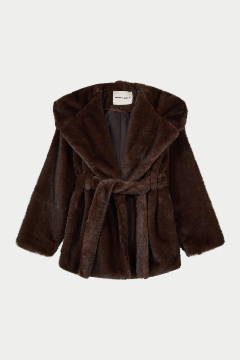 BELTED FAUX FUR HOODED COAT - CHOCOLATE | The Couture Club