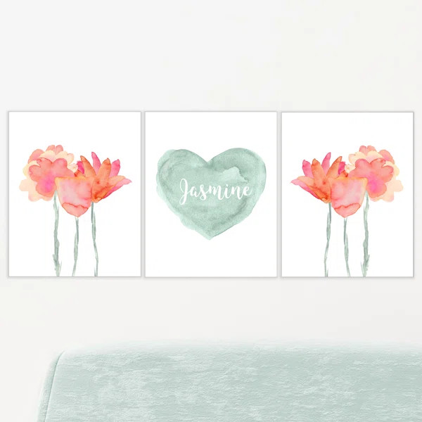 Sage Greenand Pink Flowery Boho Bedroom Artwork 3- Piece Set Paper Print | Wayfair North America