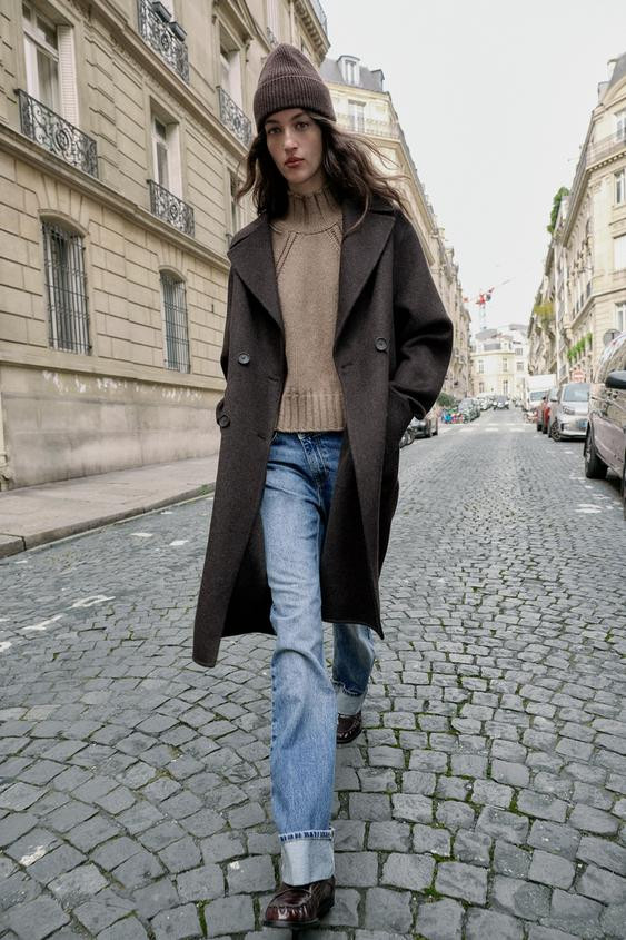 LONG DOUBLE-BREASTED WOOL COAT | Zara UK