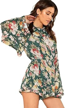 Romwe Women's Floral Printed Ruffle Bell Sleeve Loose Fit Jumpsuit Rompers | Amazon (US)