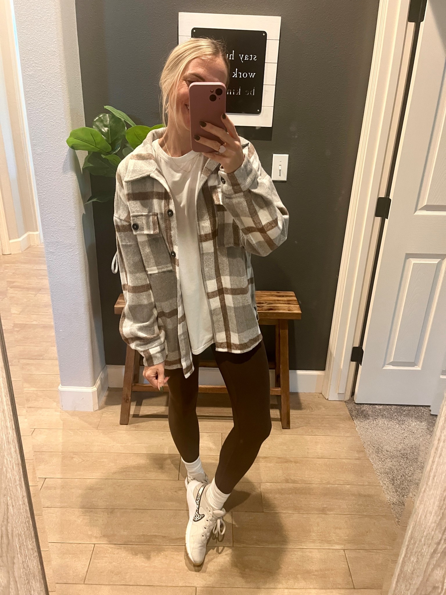 Fall mom outfit! Shacket and stretchy high waisted leggings. These have no front seam and are so comfy  