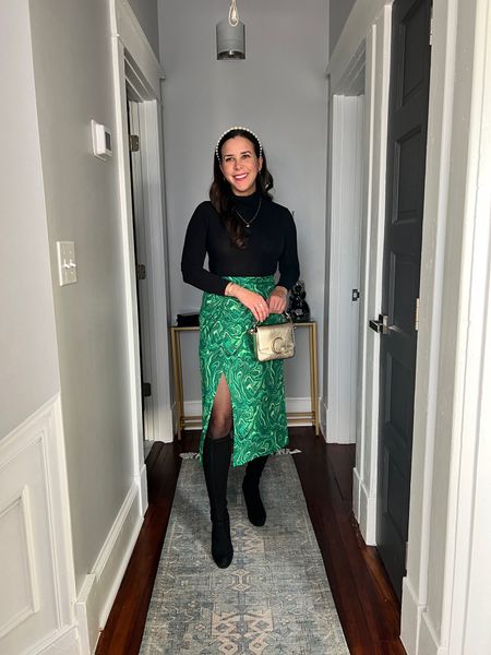 Green printed midi skirt + a black turtleneck + knee high boots & a fun headband is an easy holiday party outfit. 

DVF skirt. Rent the runway. Stuart weitzman boots. 

#LTKSeasonal #LTKHoliday