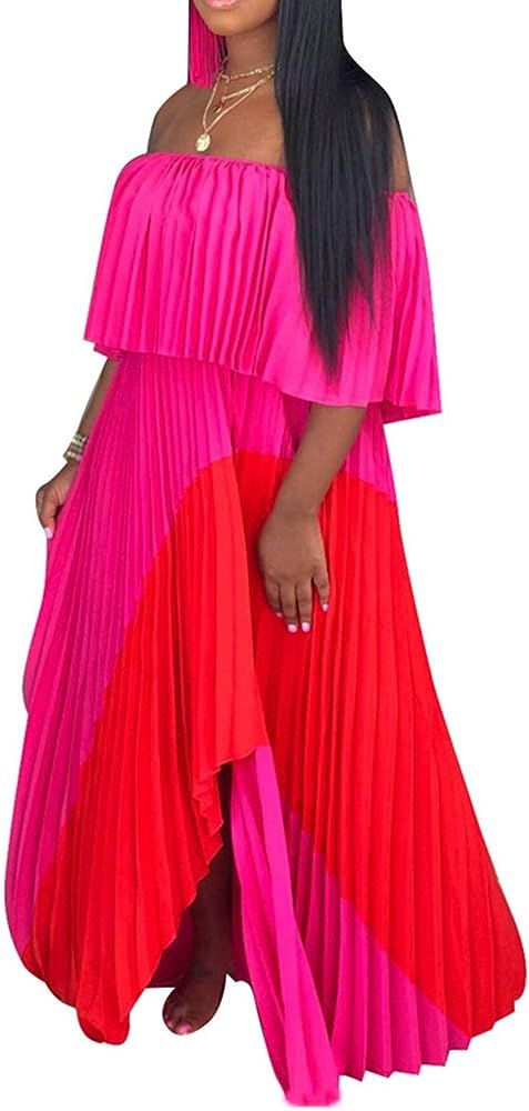 IyMoo Womens Sexy Chiffon Sundress Off Shoulder Ombre Tie Dye Pleated Skirts Long Boho Beach Maxi... | Amazon (US)