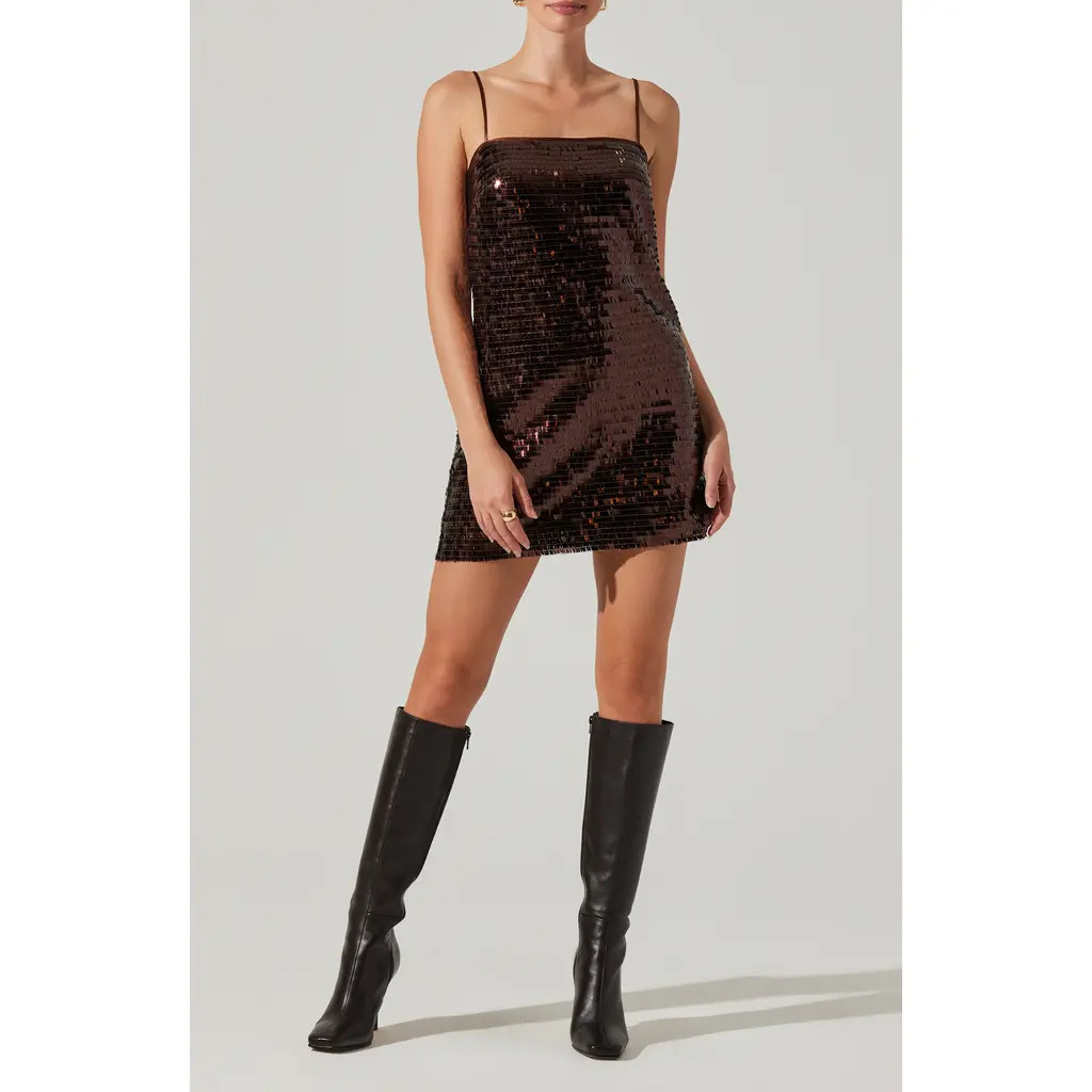 ASTR the Label Porscha Sequin Minidress in Brown at Nordstrom, Size Large | Nordstrom