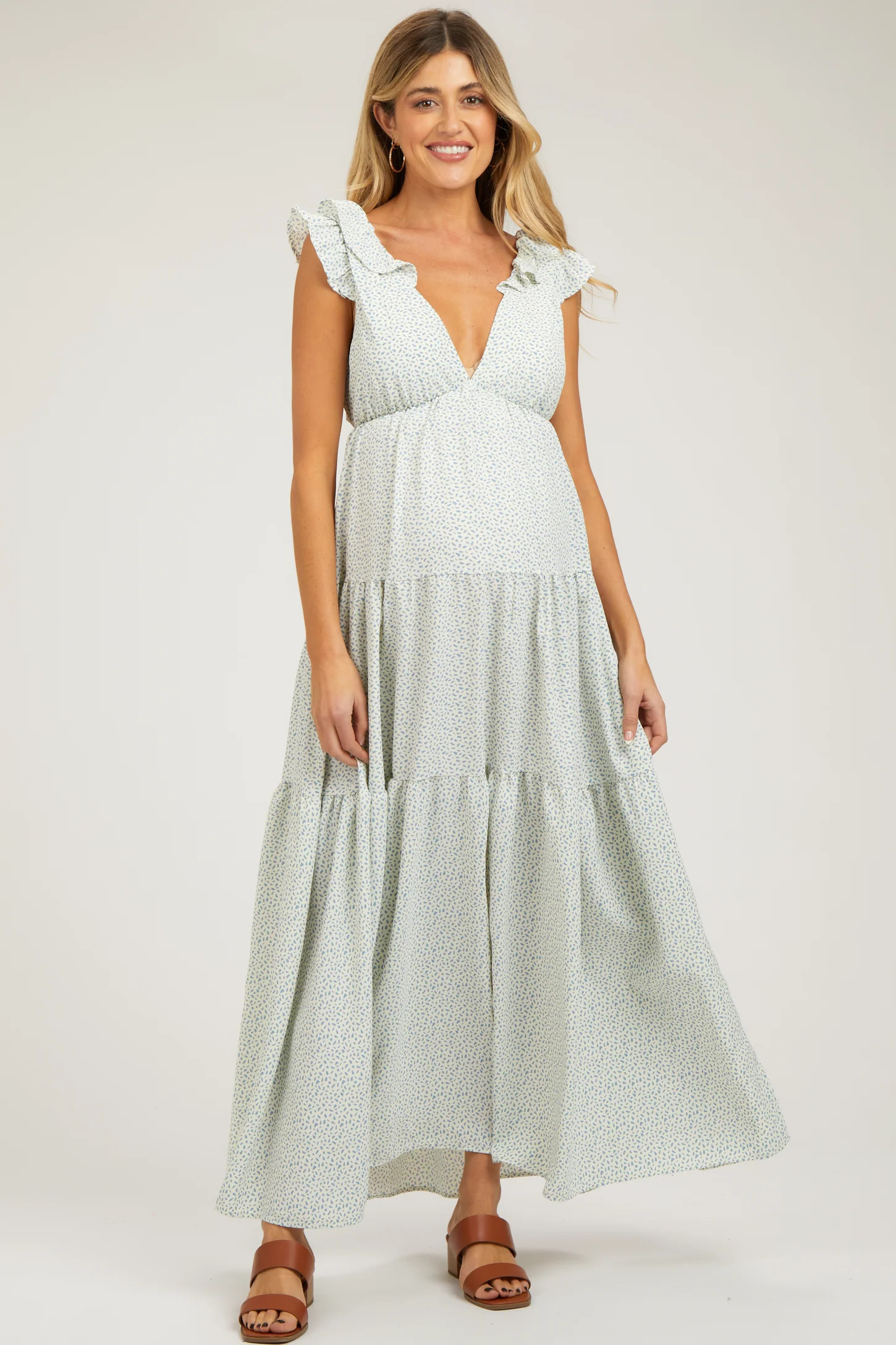 Light Blue Printed Sleeveless Tiered Cutout Back Maternity Maxi Dress | PinkBlush Maternity