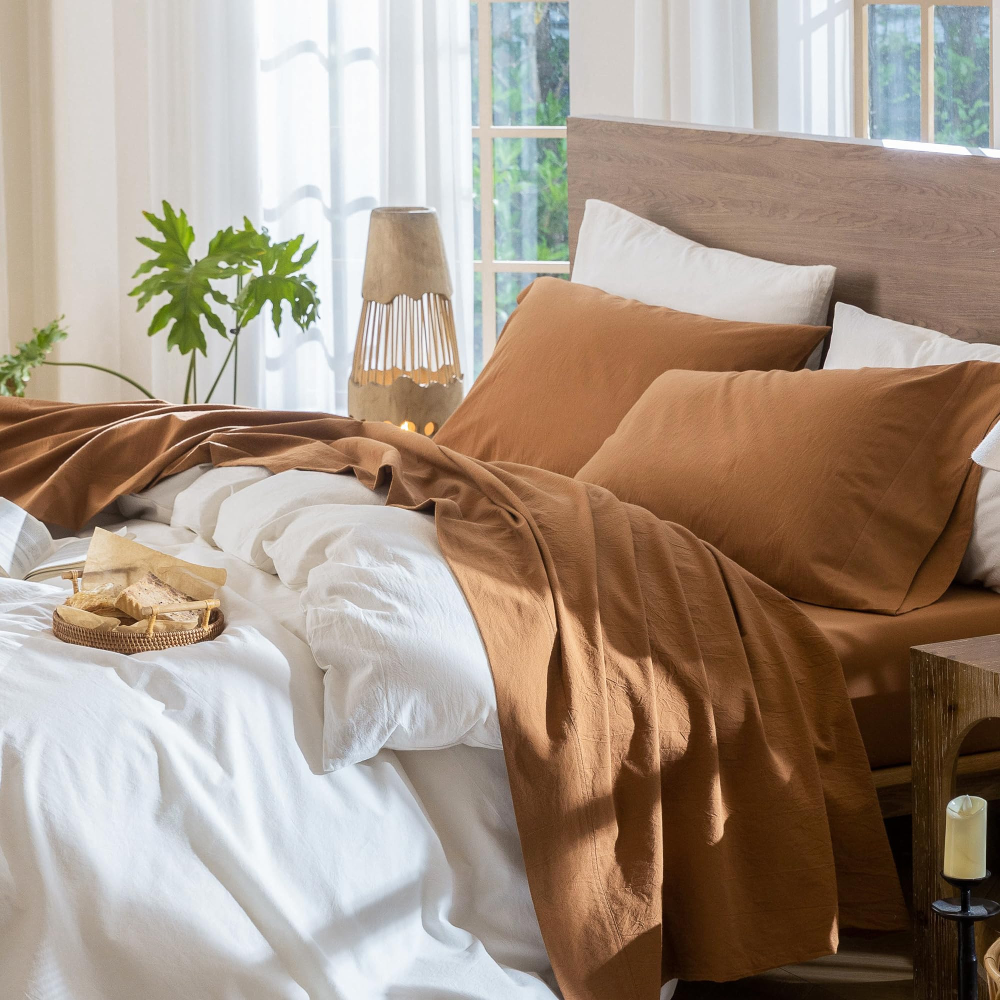 MooMee Bedding Sheet Set 100% Washed Cotton Linen Like Textured Breathable Durable Soft Comfy (So... | Amazon (US)