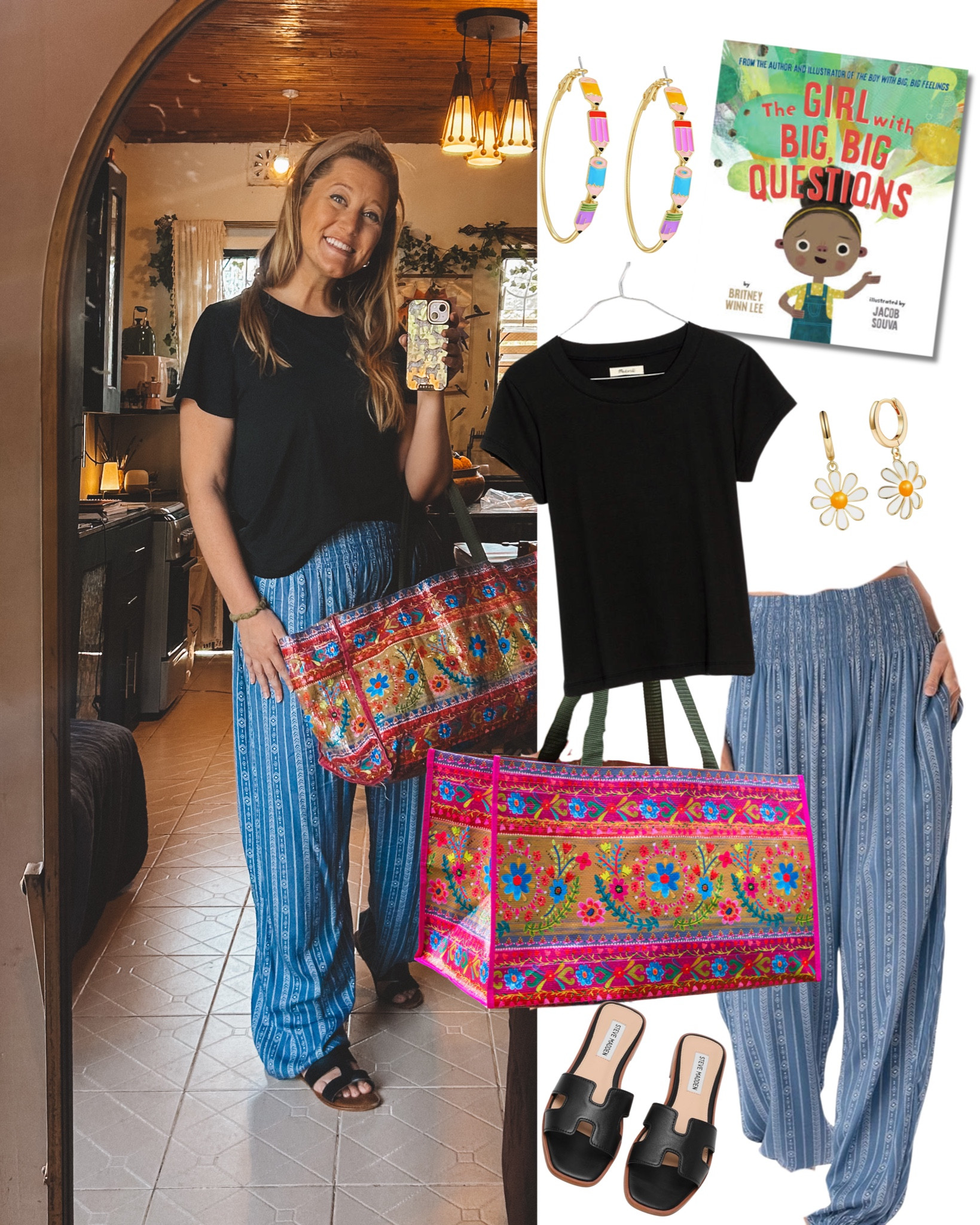Comfy, colorful, and Art-Table-ready ✨ I live in easy basics with a little pop of pattern and texture—today it’s breezy blue pants, my favorite black tee, and the beautiful art supply tote (big enough for books, art supplies, and all the “teacher things”). Perfect for a day of teaching, errands, or just cozying up with a good read. 🌼

#LTKMidsize #LTKTravel #LTKSeasonal