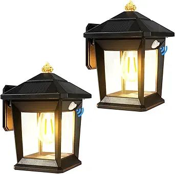 2 Pack Solar Wall Lantern Outdoor Dusk to Dawn Porch Light Solar Lights Exterior Wall Sconce Moti... | Amazon (US)