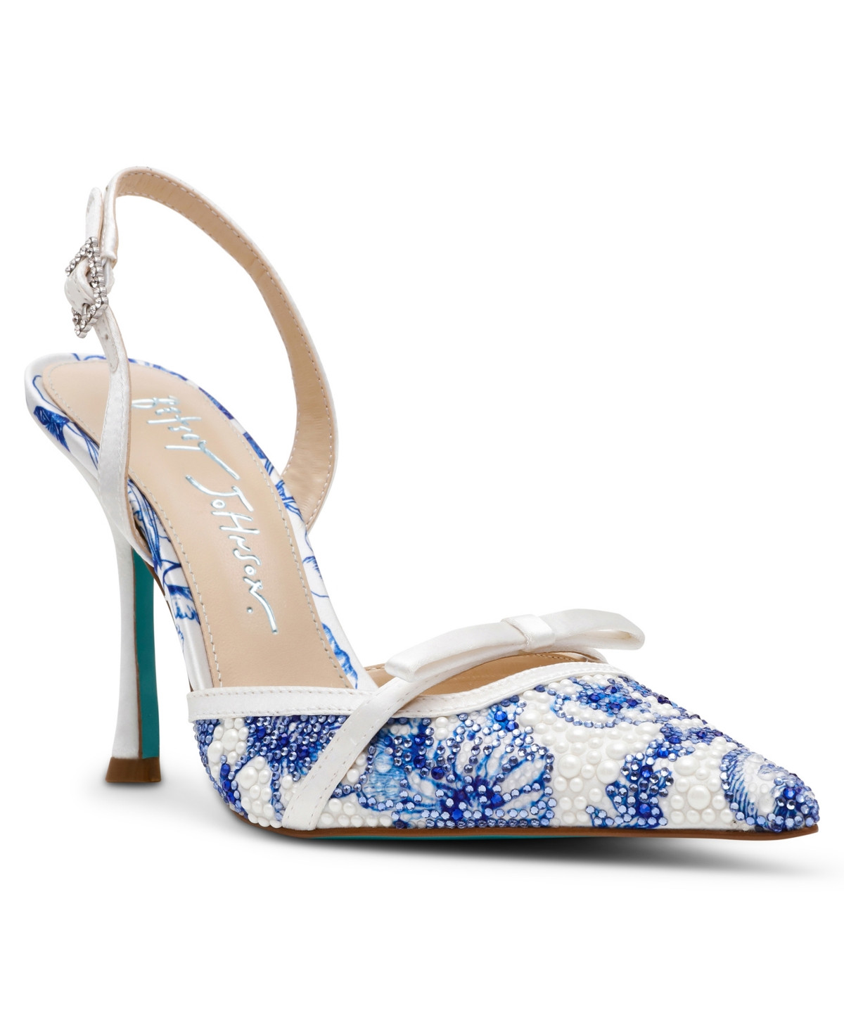 Betsey Johnson Women's Roza Stiletto Ankle Strap Pumps - White/Blue Floral | Macy's