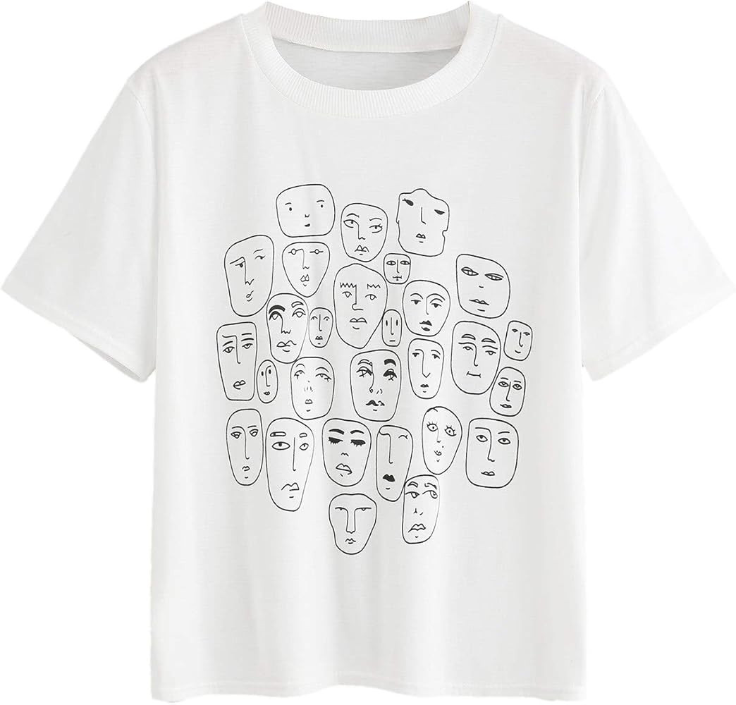 Romwe Women's Graphic Printed Cartoon Portrait Short Sleeve Casual T-Shirt Top | Amazon (US)