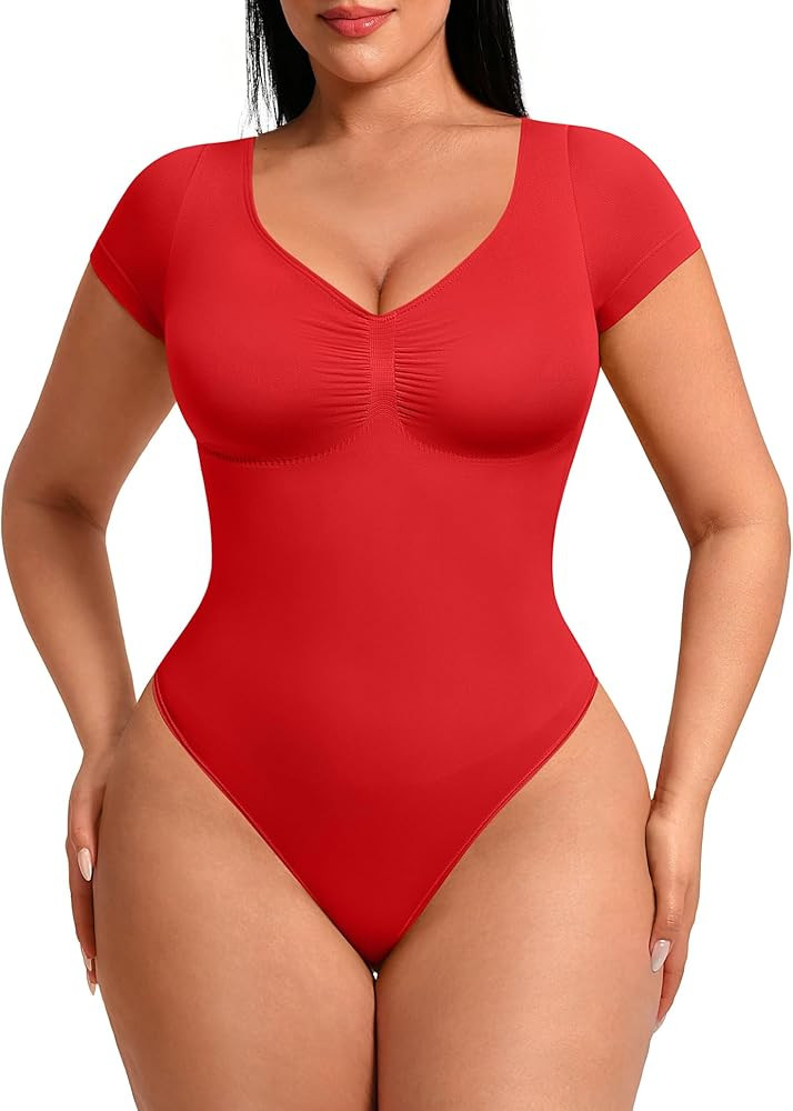 FeelinGirl Short Sleeve Bodysuit for Women V Neck Tummy Control Shapewear Seamless Thong Body Sui... | Amazon (US)
