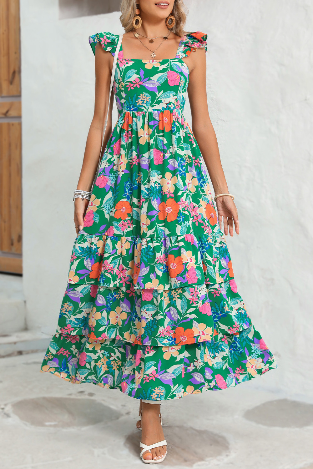 Green Boho Floral Print Ruffle Sleeveless Tiered Maxi Dress | Shewin