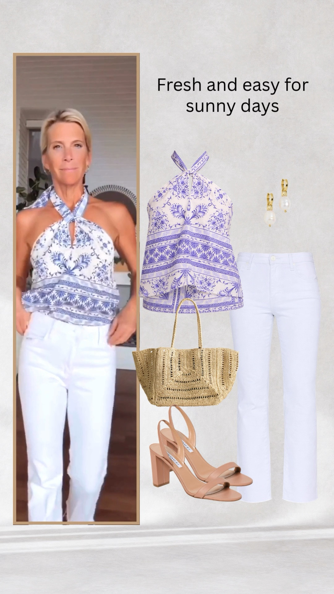 Blue halter top and white pants outfit for fresh summer style.

#LTKOver40 #LTKSeasonal #LTKootd