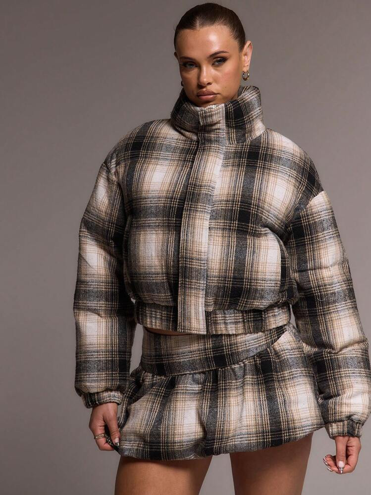 MUSERA Checkered Textured Puffer Jacket | SHEIN