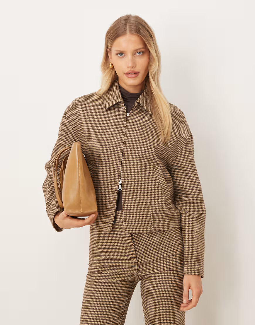 Mango Gina wool mix zip through jacket co-ord in brown check | ASOS (Global)