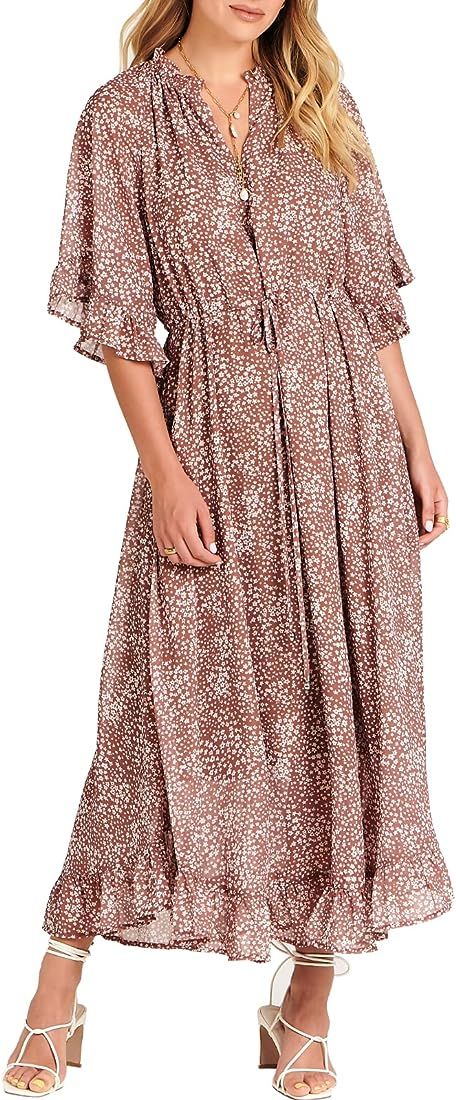 ANRABESS Women's Summer Ruffle Maxi Dress Floral Print 3/4 Bell Sleeve V Neck High Waist Flowy Boho  | Amazon (US)