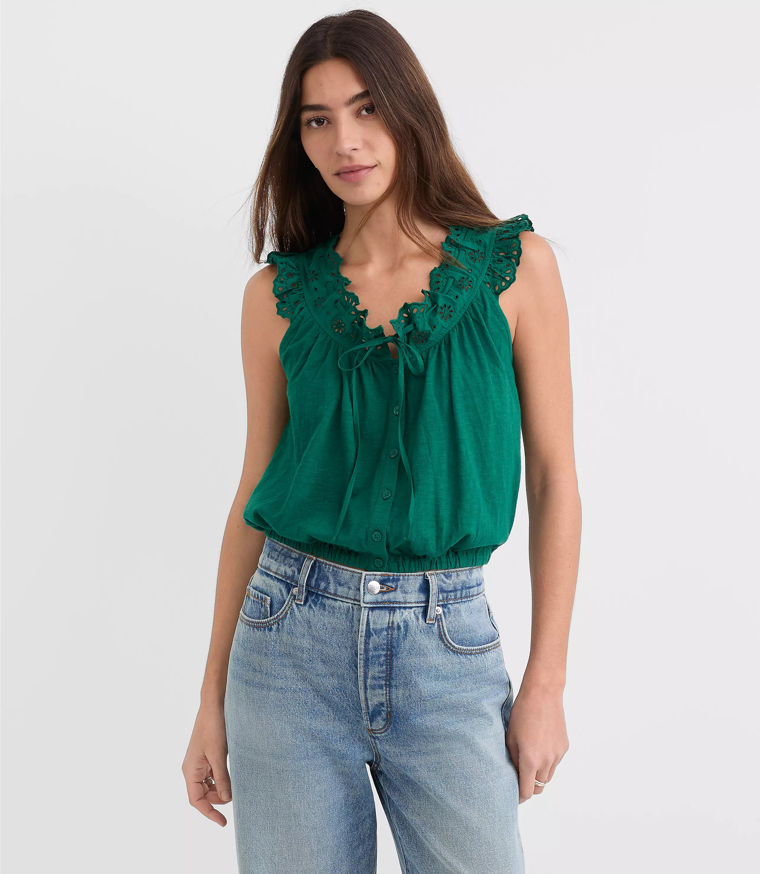 Eyelet Ruffle Tie Neck Button Top | LOFT