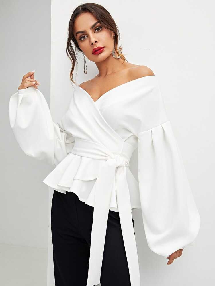 Lantern Sleeve Surplice Belted Peplum Blouse | SHEIN