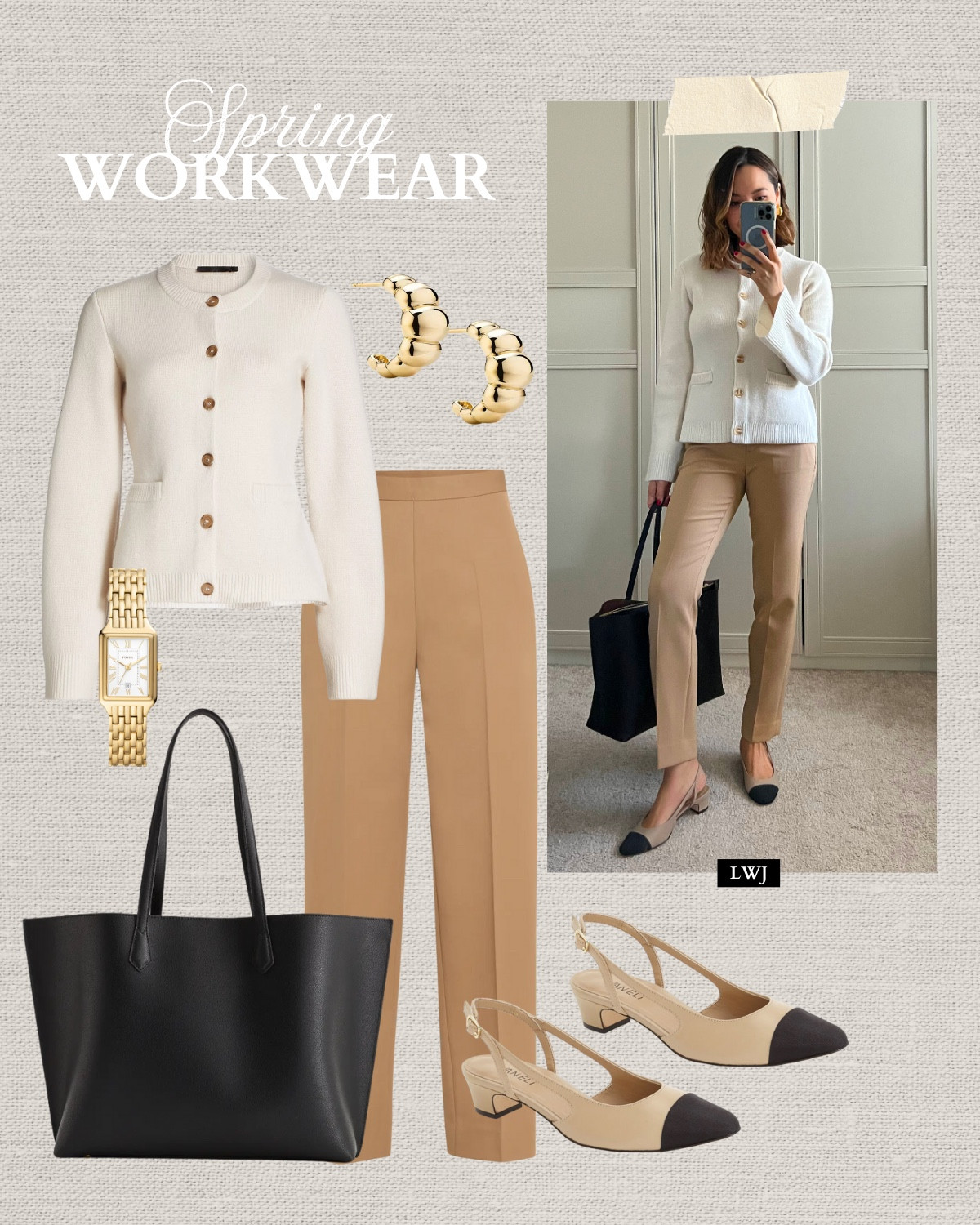 Spring workwear outfit 

Sweater cardigan / tan ankle pants / black tote bag / slingbacks / gold earrings / gold watch / classic style 

#LTKWorkwear #LTKStyleTip #LTKSeasonal