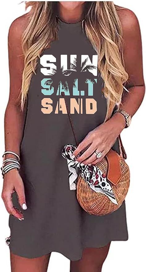 Sun Salt Sand Coconut Tree Sleeveless Mini Dress Casual Sleeveless Summer Beach Vacation Women Wo... | Amazon (US)