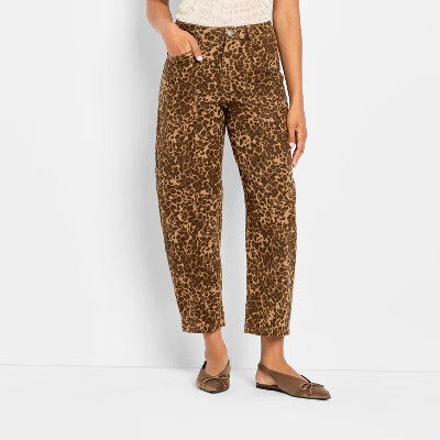 Women's Mid-Rise Barrel Leg Jeans - Future Collective Brown Leopard Print 14 | Target