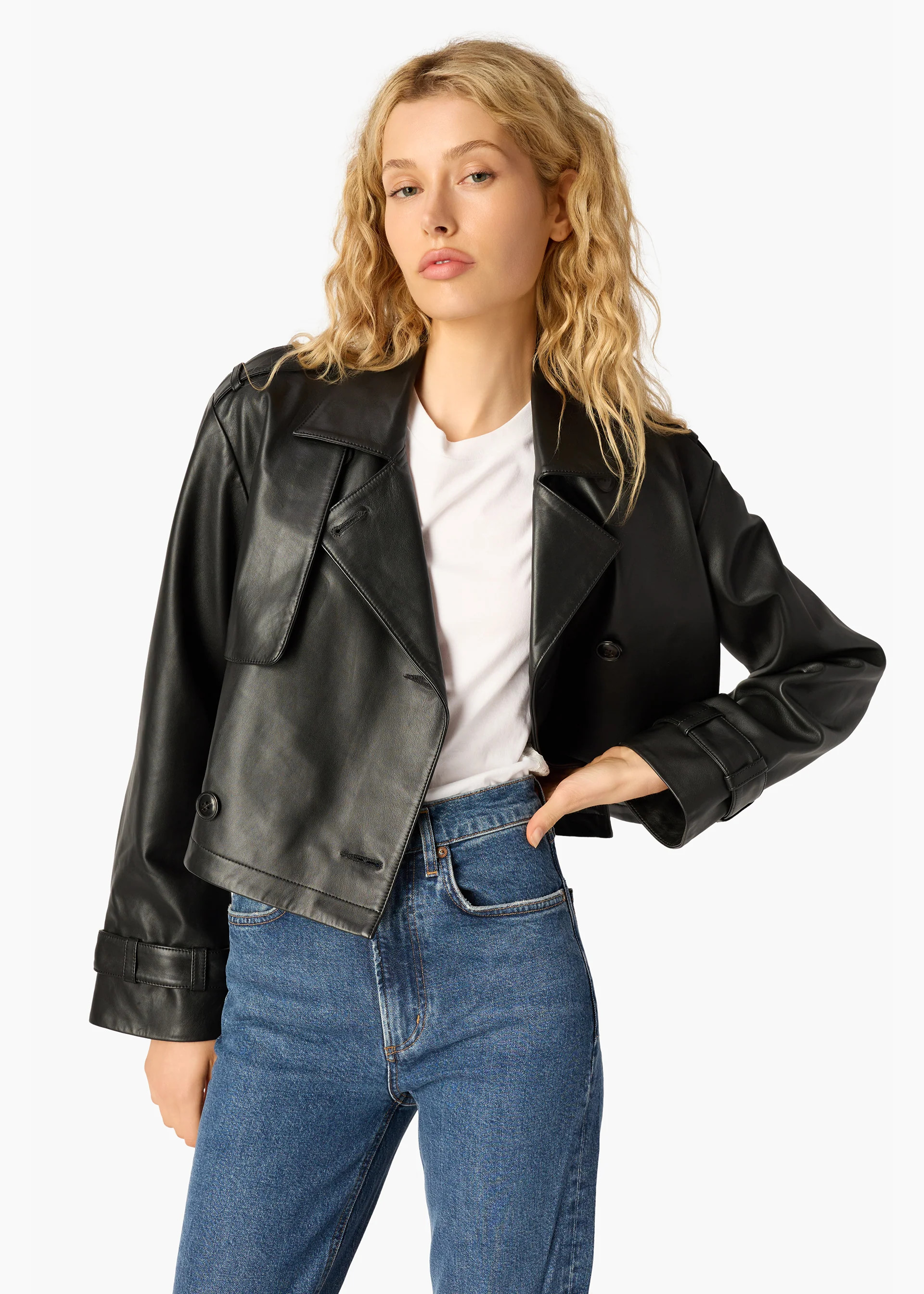 Saskia Genuine Leather Cropped Trench Black | CAMI NYC