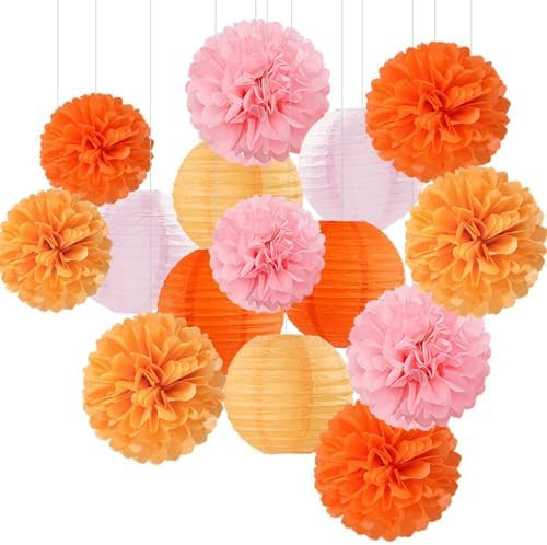 Pink-Orange Groovy Party-Decorations Paper-Flowers Lanterns - 15PCS Baby Shower Tissue Pom Poms S... | Amazon (US)
