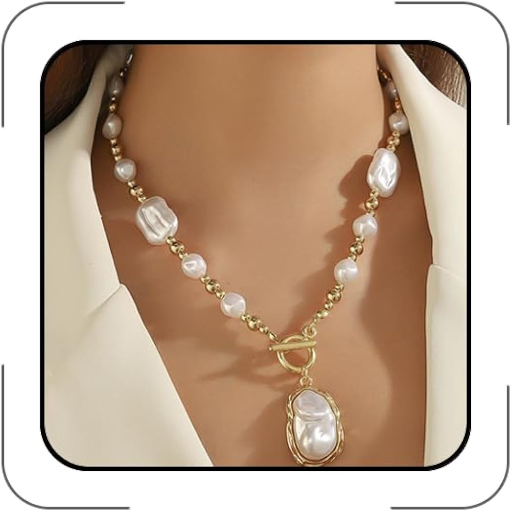 Chunky Pearl Necklaces for Women Chunky Baroque Pearl Beaded Gold Chain Link Pearls Pendant Neckl... | Amazon (US)