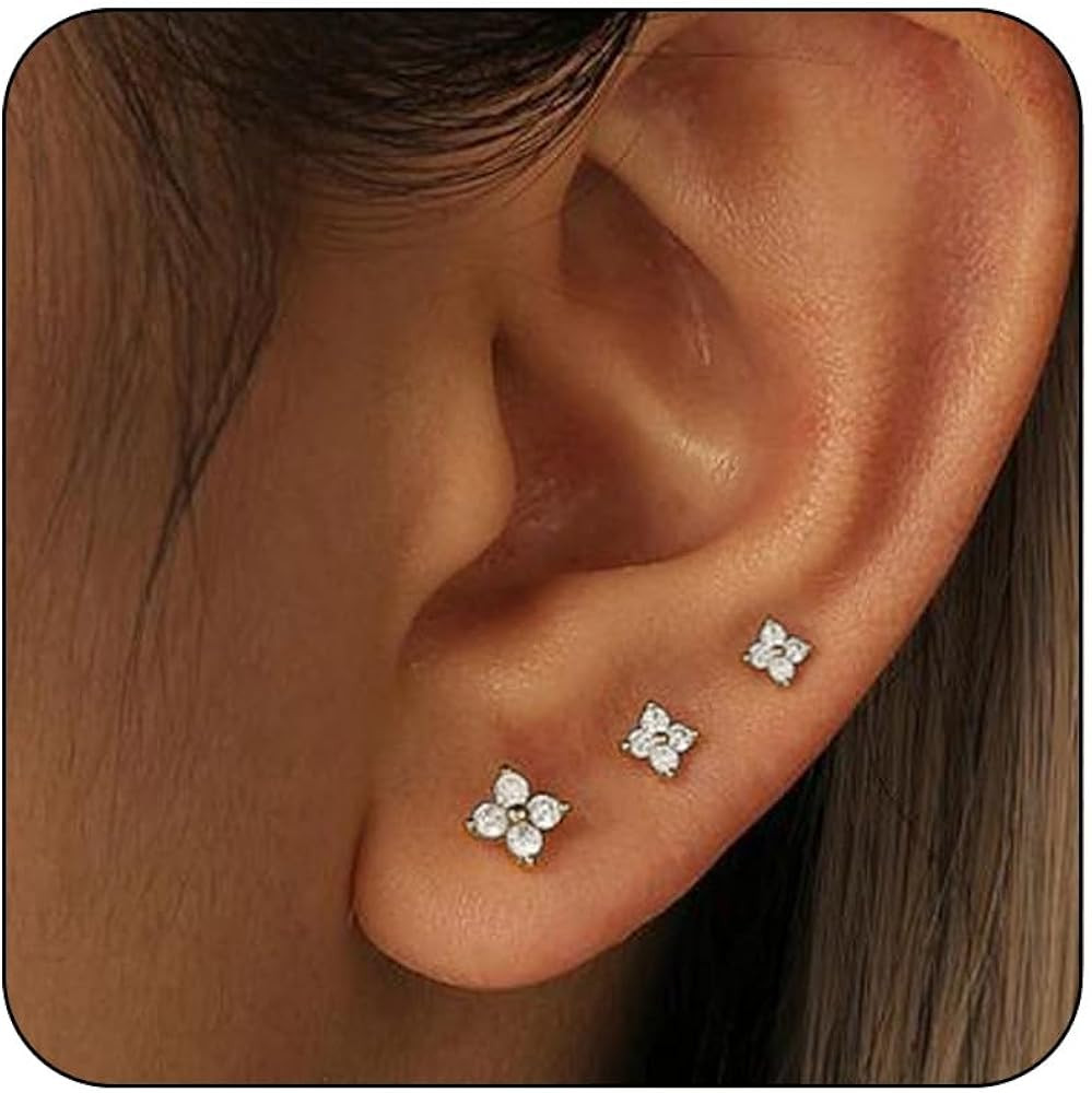3 Pairs 14K Gold Stud Earring Sets for Women Dainty 925 Sterling Silver Earrings for Multiple Pie... | Amazon (US)