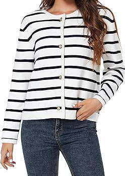 Women's Striped Cardigan Sweater Trendy Long Sleeve Button Down Crewneck Knit Cardigans | Amazon (US)