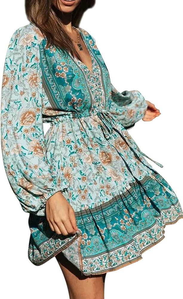 R.Vivimos Women's Cotton Long Sleeves V-Neck Button Up Floral Print Bohemian Flowy Mini Dress | Amazon (US)