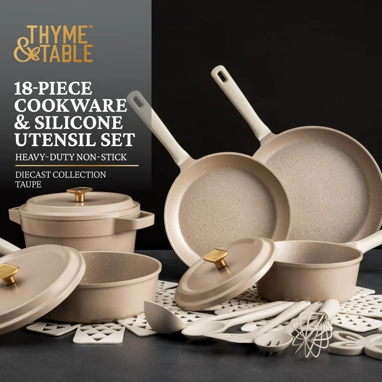 Thyme & Table 18-Piece Non-Stick Diecast Cookware & Silicone Utensil Set, Taupe - Walmart.com | Walmart (US)