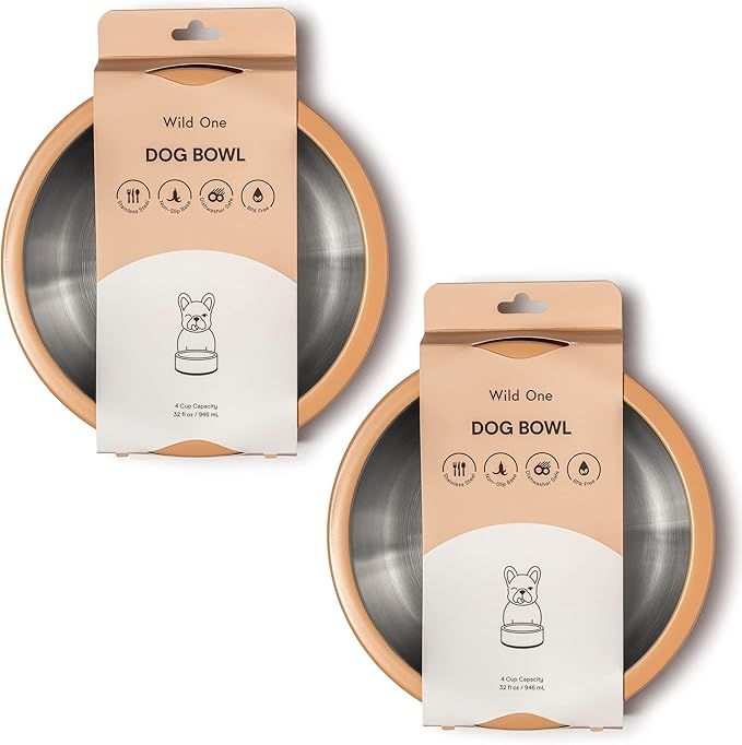 Wild One, Tan Stainless Steel Dog Bowl, Non-Slip Base, 4 Cup Capacity, 2 Count | Amazon (US)