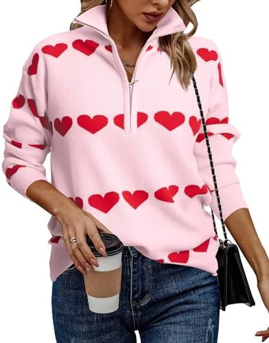Heart Sweater for Women V Neck Valentines Sweatshirt Quarter Zip Pullover Ribbed Knitted Sweaters... | Amazon (US)