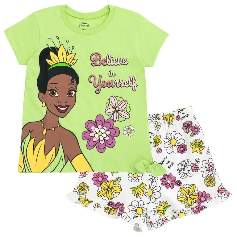 Disney Princess Tiana Floral Toddler Girls T-Shirt and French Terry Shorts Outfit Set Green 3T | Walmart (US)