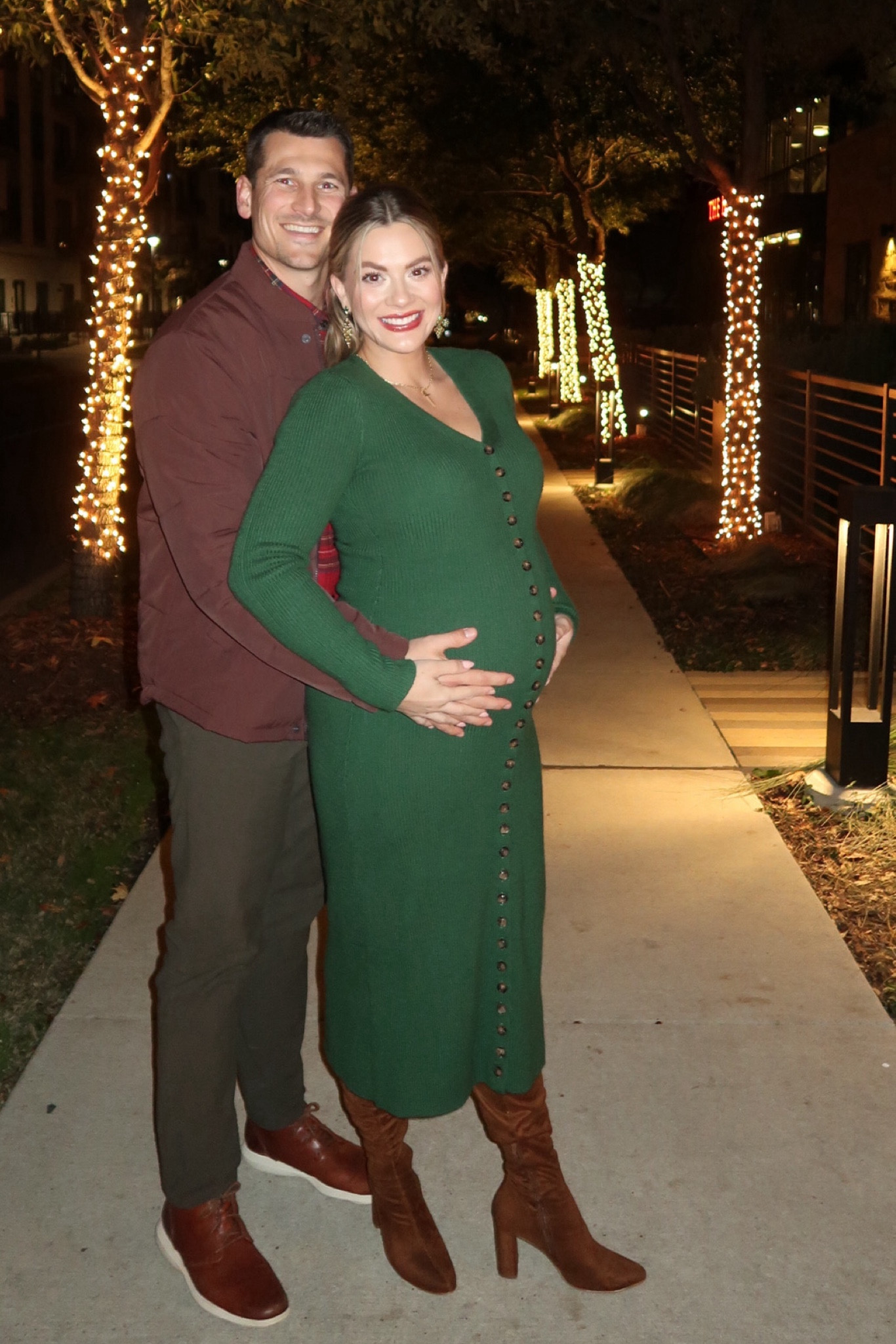 His and hers date night holiday outfits. Flannel, brown Abercrombie coat, Lululemon stretch olive pants, and brown chukka boots for him. Warm, quality, green, long sleeve, midi sweater dress and over the knee brown boots 

#LTKshoecrush #LTKmens #LTKHoliday