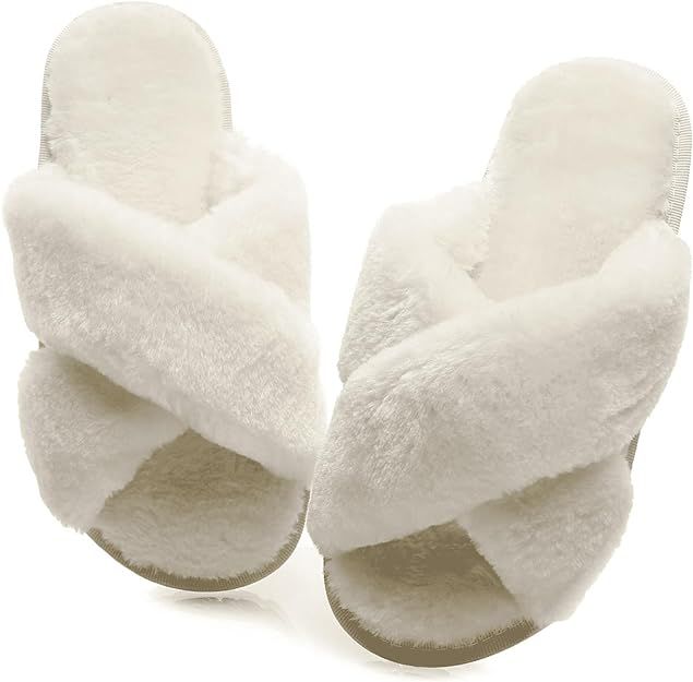 Crazy Lady Women's Slippers Fuzzy Fluffy Memory Foam House Shoes Cross Band Indoor and Outdoor | Amazon (US)