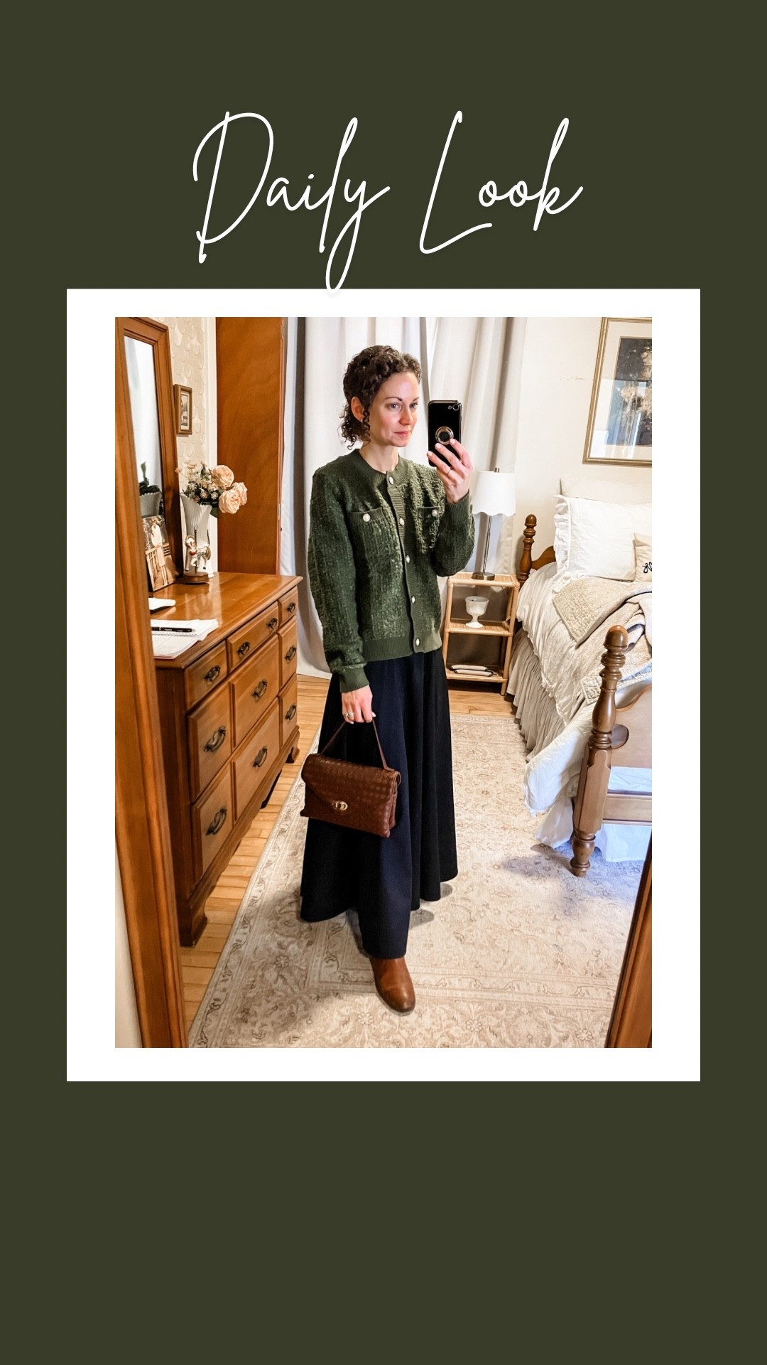 A cute navy and green outfit for spring!
Green cardigan from Amazon. 
Navy maxi skirt from Chicwish. 
Large faux pearl stud earrings from Kate Spade. 
Brown woven handbag from Moda Luxe. 
Brown leather riding boots from Tommy Hilfiger, linking similar. 
Petite outfit. Modest outfit. Spring outfit. Classic outfit  

#LTKootd #LTKdayinmylife #LTKgrwm