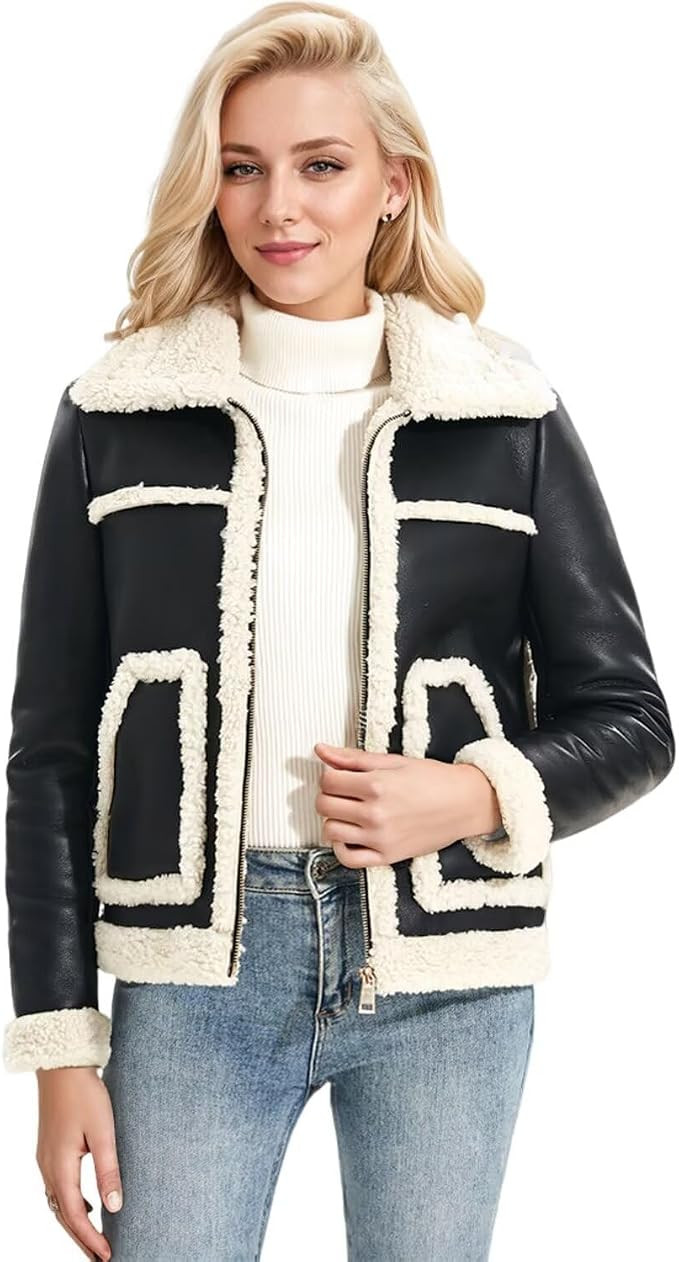 DIASHINY Women Faux Shearing Fur Jacket Sherpa Lined Faux Leather Coat | Amazon (US)
