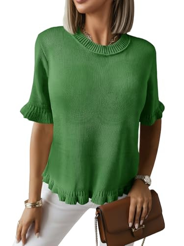 Saodimallsu Womens Short Sleeve Sweater Tops Summer Ruffle Casual Loose Fitting Crew Neck Knit Sh... | Amazon (US)