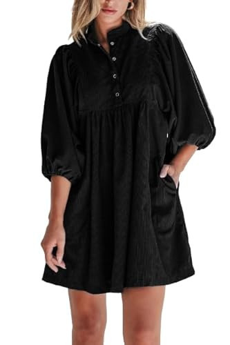 Opemiby Women Corduroy Fall Winter Mini Babydoll Dresses Black M | Amazon (US)