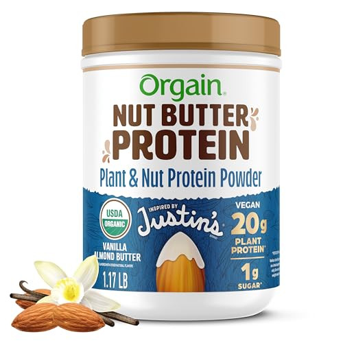 Orgain X Justin's ® Organic Vegan Nut Butter Protein Powder, Vanilla Almond Butter- 20g Plant Protein, 1g Sugar, Gluten Free, No Dairy, Soy Ingredients, or Artificial Flavors, 1.17 lb | Amazon (US)