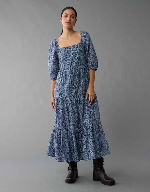 AE Puff Sleeve Tiered Midi Dress | American Eagle Outfitters (US & CA)