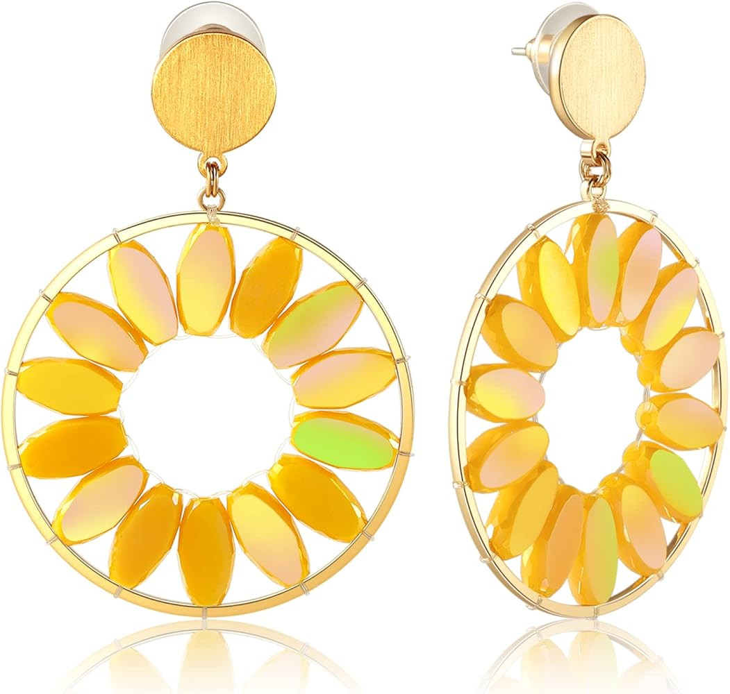 Statement Daisy Drop Earrings - Gold-Tone Metal Geometric Round Earrings with Sparkly Crystal, Su... | Amazon (US)