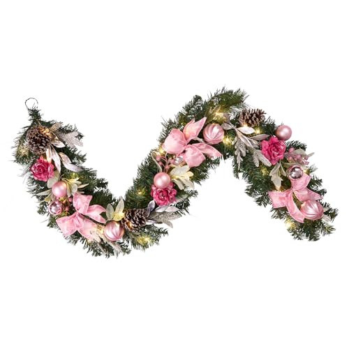 6 feet Christmas Pink Garland for Front Door with 30 LED Lights,Festive Lighted Holiday Decor,prelit Mantel Garland withTimer,Stair and Fireplace Pink Rose Decoration for Christmas and Wedding | Amazon (US)
